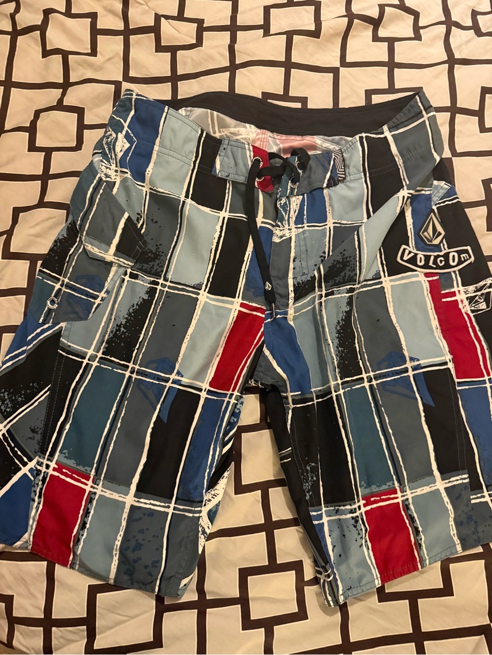 Volcom Multi-Blue Plaid Swim Shorts with Red Accents